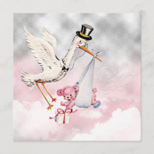 Pink Stork Baby Girl Shower Invitation