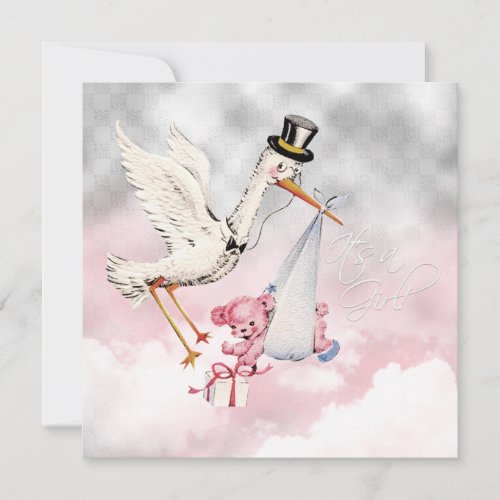 Pink Stork Baby Girl Shower Invitation