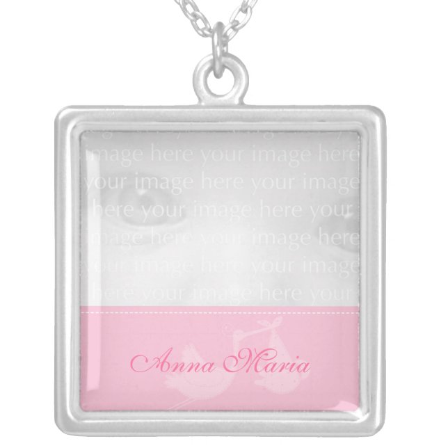 Pink Stork Baby Photo Silver Necklace (Front)