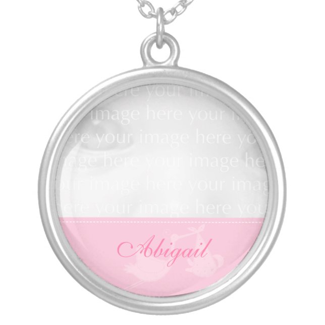 Pink Stork Baby Photo Silver Necklace (Front)