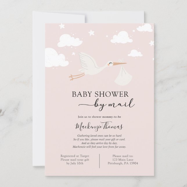 Pink Stork Baby Shower by Mail Invitation (Front)