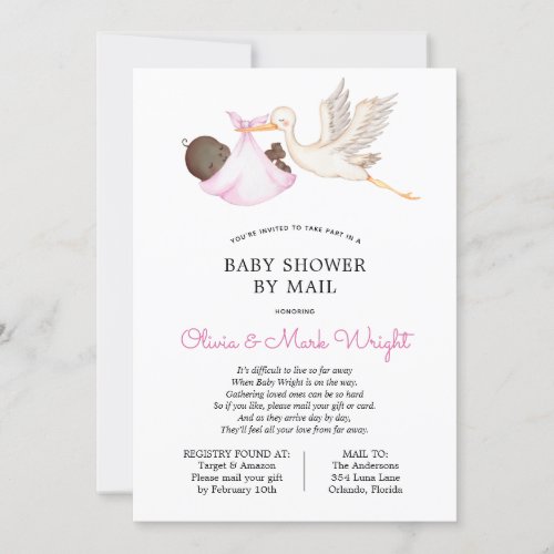 Pink Stork Baby Shower by Mail Invitation