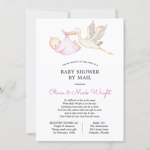Pink Stork Baby Shower by Mail Invitation