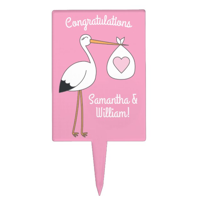 Pink Stork Baby Shower Cake Topper (Front)