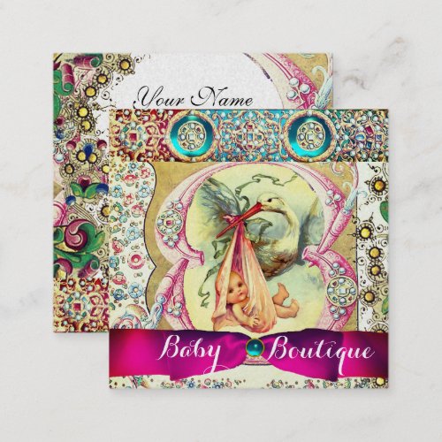 PINK STORK BABY SHOWERGEMSTONES FLORAL SWIRLS SQUARE BUSINESS CARD