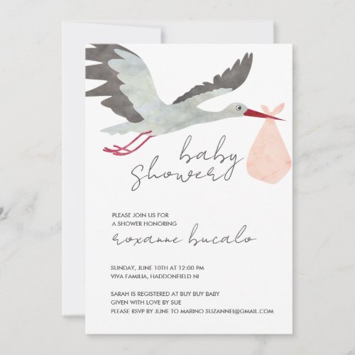 Pink Stork Baby Shower Invitation