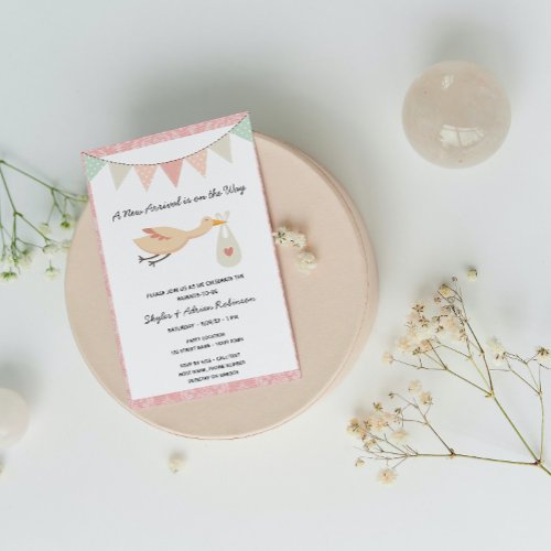 Pink Stork Baby Shower Invitation