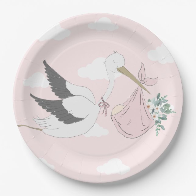 Pink Stork Baby Shower Paper Plates (Front)
