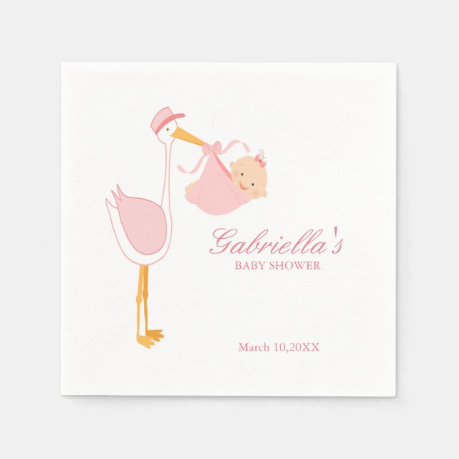Pink Stork Baby Shower Personalized Napkin (Front)