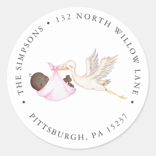 Pink Stork Baby Shower Return address Classic Roun Classic Round Sticker