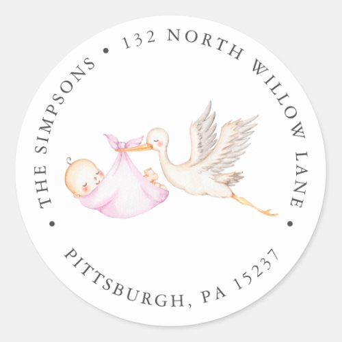 Pink Stork Baby Shower Return address Classic Round Sticker