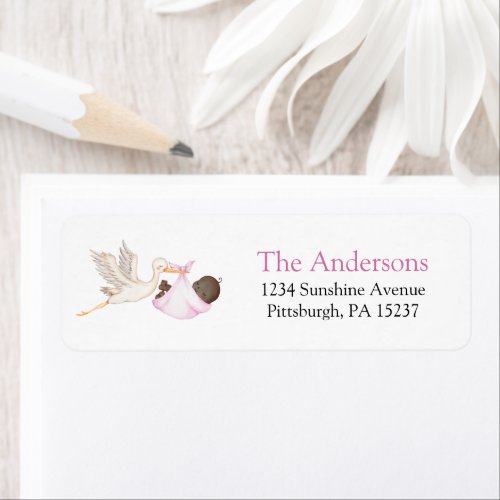 Pink Stork Baby Shower Return Address Label