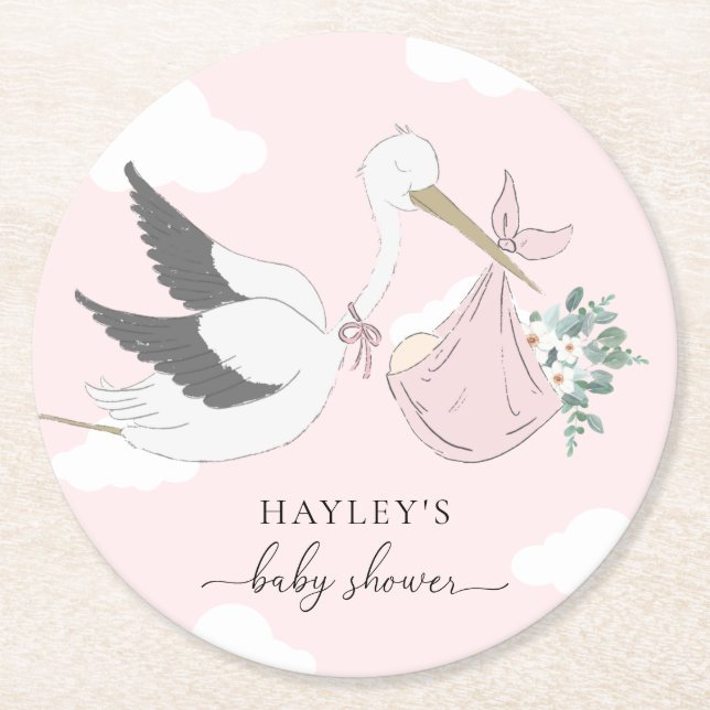 Pink Stork Baby Shower Round Paper Coaster (Front)