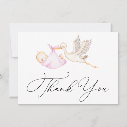 Pink Stork Baby Shower Thank You Note Card