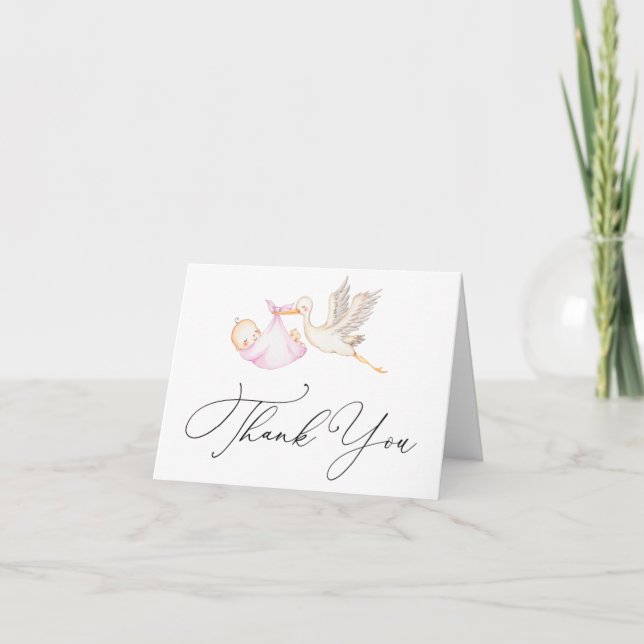 Pink Stork Baby Shower Thank You Note Card (Front)
