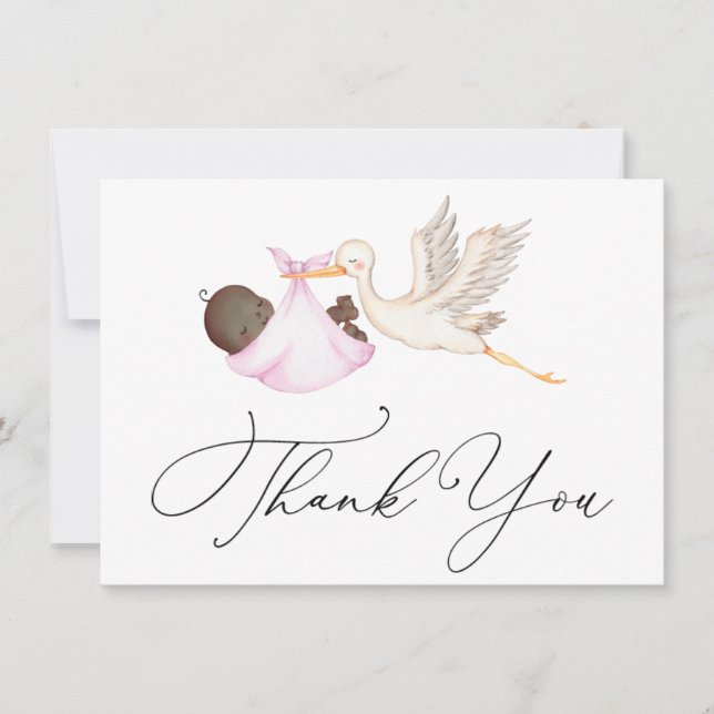 Pink Stork Baby Shower Thank You Note Card (Front)