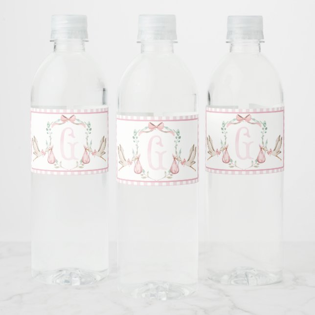 Pink Stork Baby Shower Water Bottle Labels (Bottles)