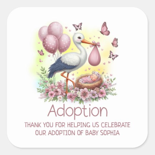 Pink Stork Girl Adoption Baby Shower Thank You Square Sticker