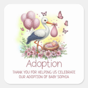 Pink Stork Girl Adoption Baby Shower Thank You Square Sticker