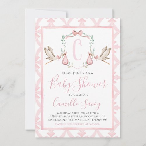 Pink Stork Girl Baby Shower Preppy Southern Invitation