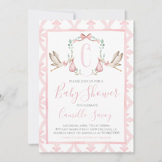 Pink Stork Girl Baby Shower Preppy Southern Invitation
