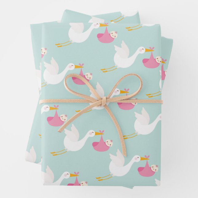 Pink Stork Girl Baby Shower Wrapping Paper Sheets (In situ)