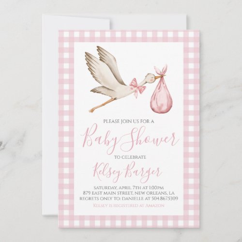 Pink Stork Girl Preppy Southern Baby Shower Invitation