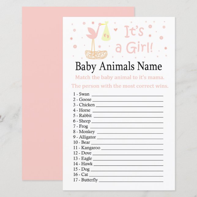 Pink Stork nest Baby Animals Name Game (Front/Back)