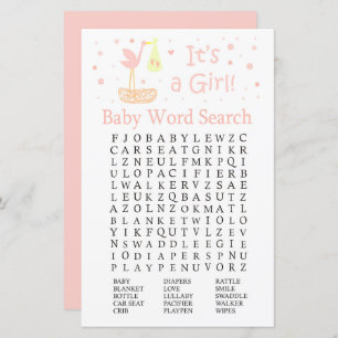 Pink Stork nest Baby Shower Word Search Game
