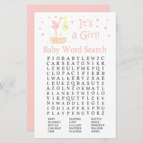 Pink Stork nest Baby Shower Word Search Game