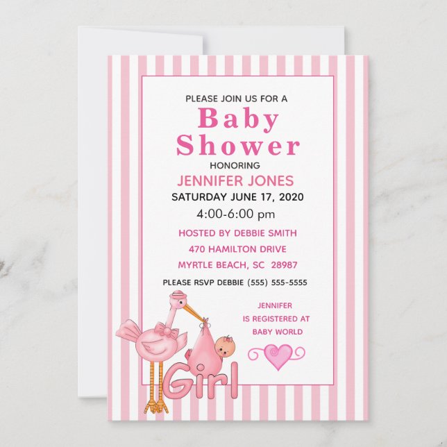 Pink Stork With Baby Bundle Baby Shower Invitation (Front)