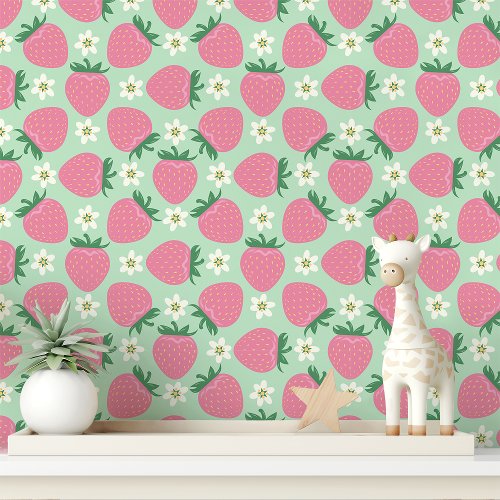 Pink Strawberries And Blooms On Mint Green Wallpaper