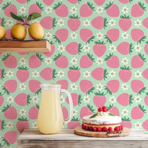 Pink Strawberries And Blooms On Mint Green Wallpaper
