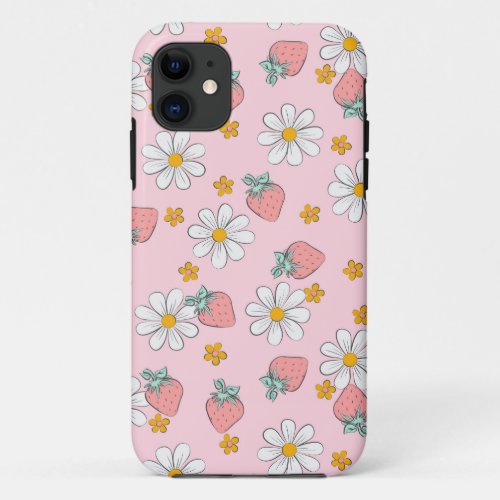 Pink Strawberries and daisies patterned  iPhone 11 Case