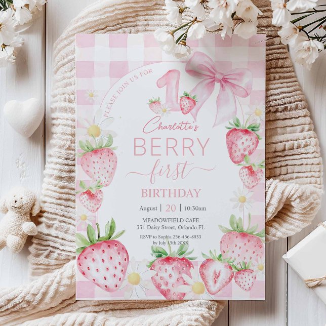 Pink Strawberries Berry First 1st Birthday Invite (budget-sweet-berry-first-1st-birthday-strawberries-soft-pink-invitation-card-stock)