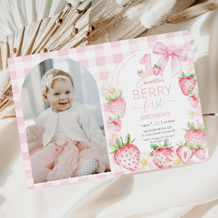 Pink Strawberries Berry First 1st Birthday Photo Note Card