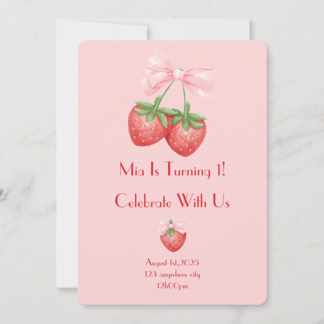 Pink strawberries birthday  invitation (Front)