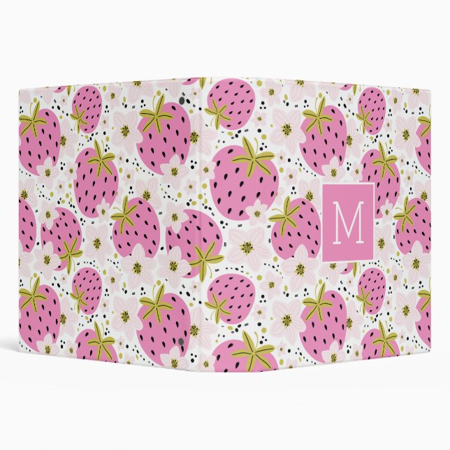 Pink Strawberries Custom Monogram 3 Ring Binder (Background)