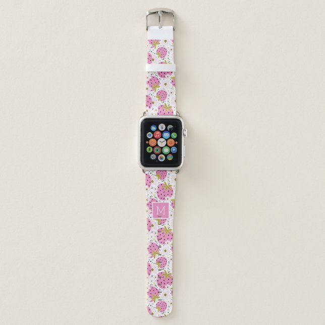 Pink Strawberries Custom Monogram Apple Watch Band (Front)