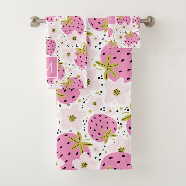 Pink Strawberries Custom Monogram Bath Towel Set (Insitu)
