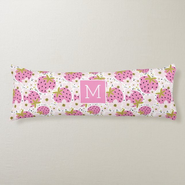 Pink Strawberries Custom Monogram Body Pillow (Front)