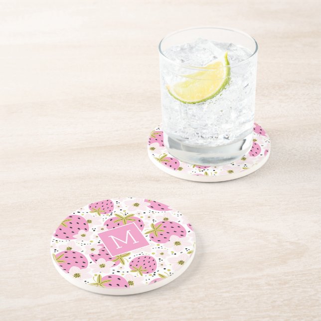 Pink Strawberries Custom Monogram Coaster (Side)