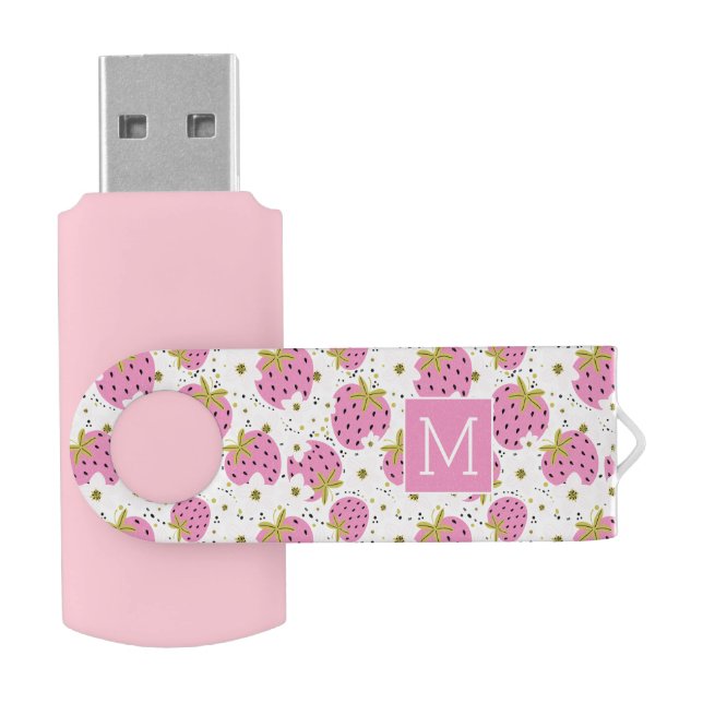 Pink Strawberries Custom Monogram Flash Drive (Opened)