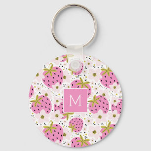Pink Strawberries Custom Monogram Keychain