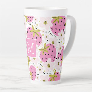 Pink Strawberries Custom Monogram Latte Mug