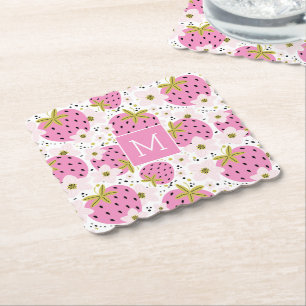 Pink Strawberries Custom Monogram Paper Coaster