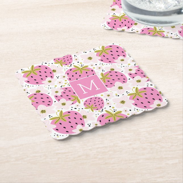 Pink Strawberries Custom Monogram Paper Coaster (Angled)