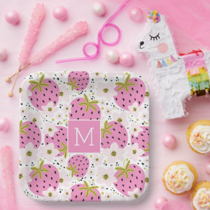 Pink Strawberries Custom Monogram Paper Plates