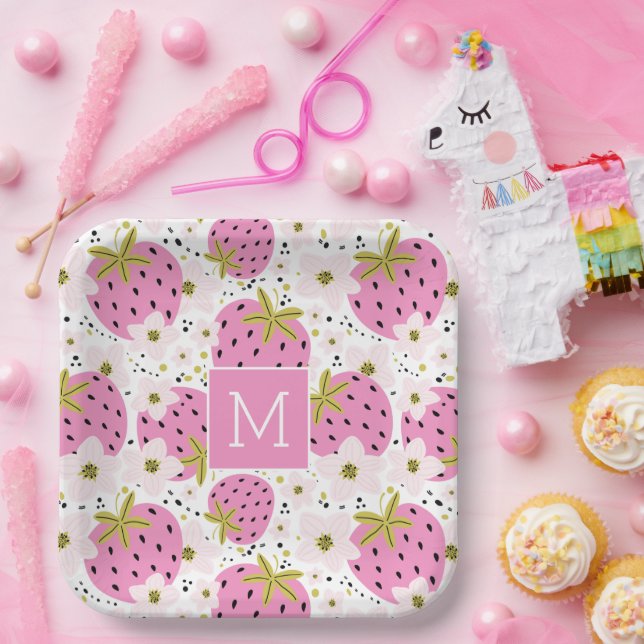 Pink Strawberries Custom Monogram Paper Plates (Party)