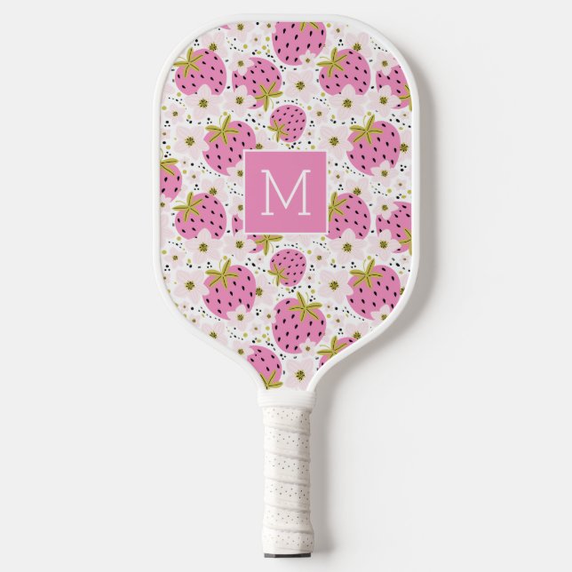 Pink Strawberries Custom Monogram Pickleball Paddle (Front)